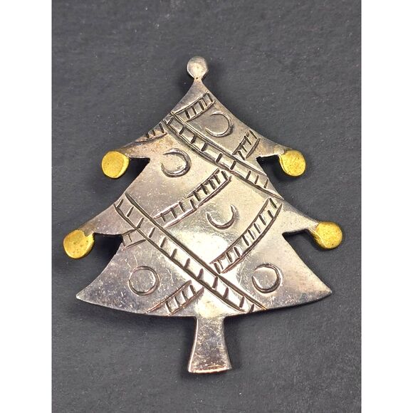Taxco Sterling Silver Gold Brooch Pin Christmas Tree Mixed-Metal Artisan - Picture 2 of 8